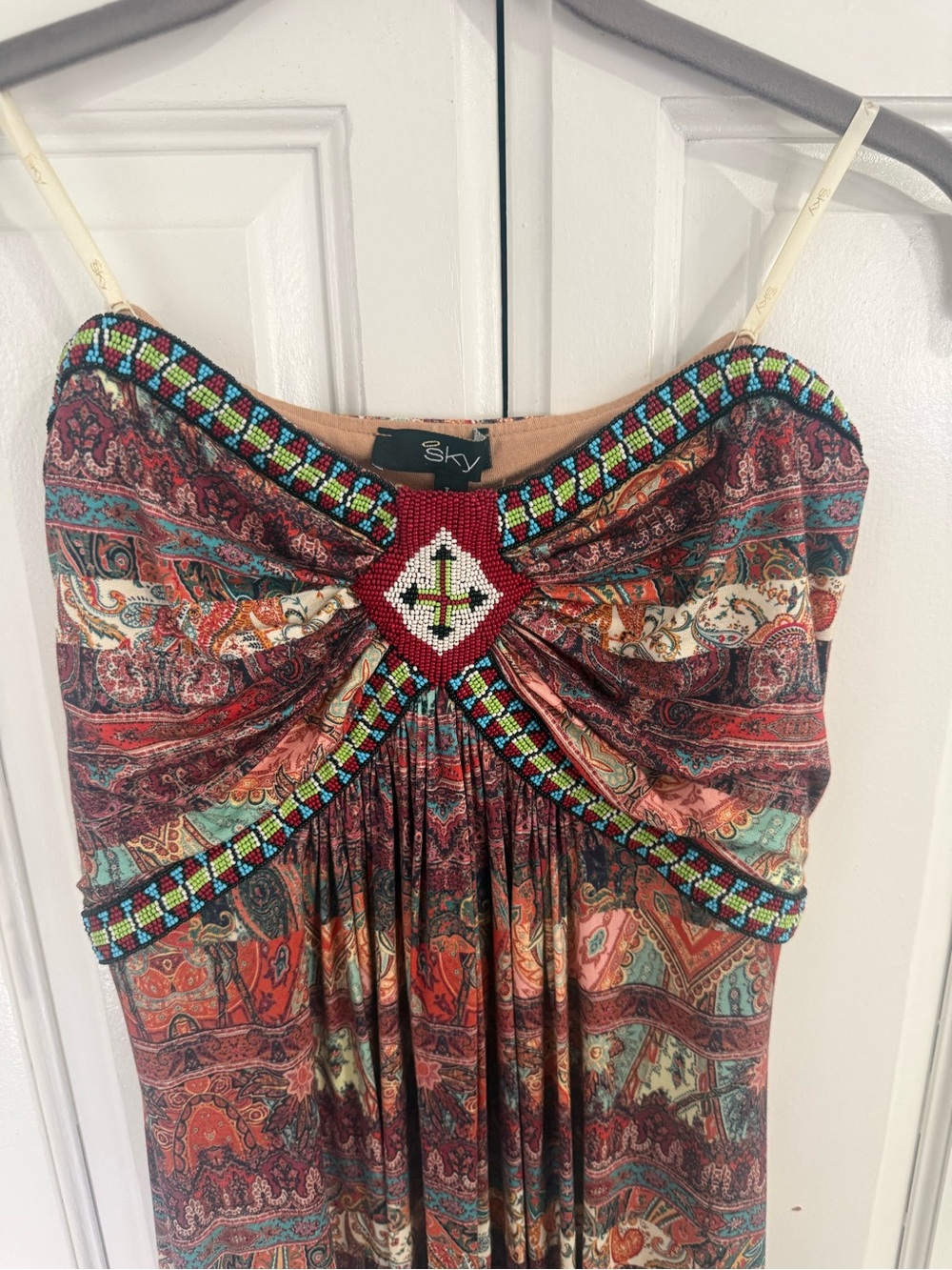 Sky Boho Beaded Strapless Paisley Maxi Dress Womens Sz L vintage Y2K - Picture 7 of 10